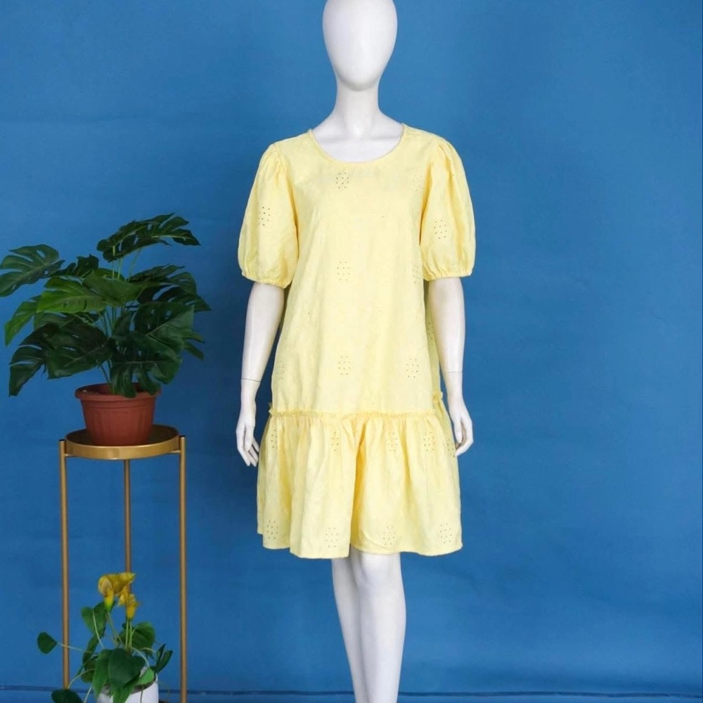 Eyelet Cotton Puff Sleeve Baby Doll Dress w/ Ruffled Hem 4 colors available New!